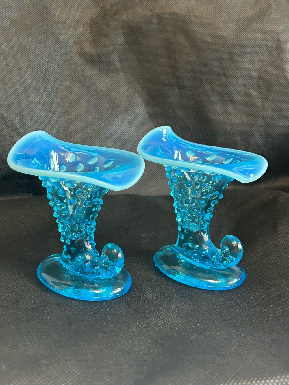 Pair of Fenton Opalescent Blue Hobnail Art Glass Cornucopia Vases